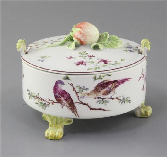 An early Derby butter tub and cover, c.1758, w. 13.5cm, crazing and scratching